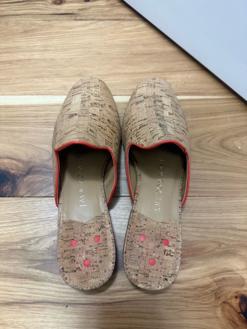 Jack Rogers Cork Slip-On Mules with Coral Trim
